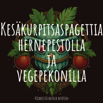 Kesäkurpitsaspagettia hernepestolla ja vegepekonilla (V, GF)