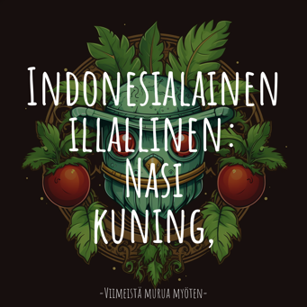 Indonesialainen illallinen: Nasi kuning, tofua, tempeä, maapähkinäkastiketta ja kurkkusalaattia